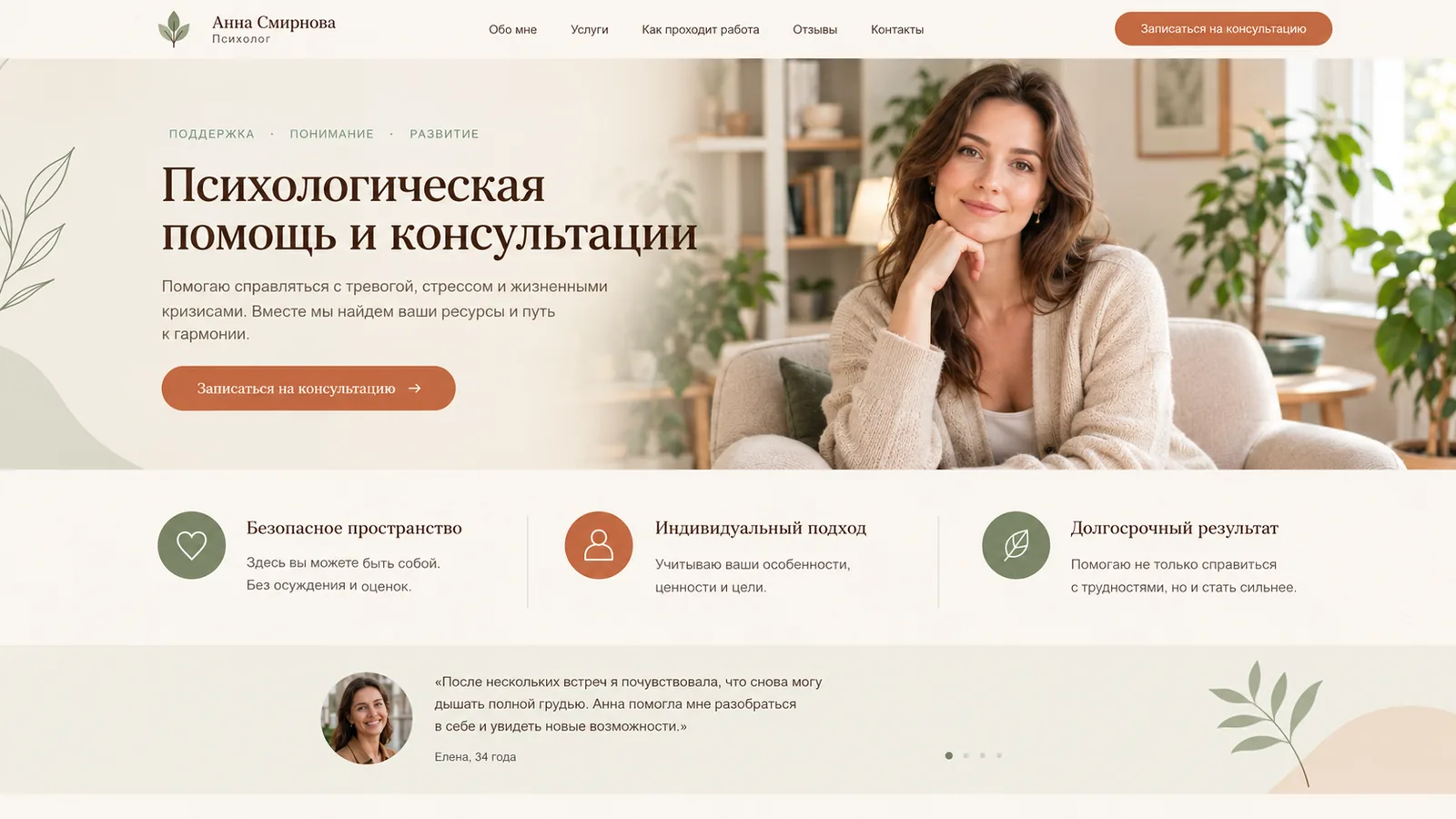 Лендинг психолога: светлый бежевый первый экран, портрет специалиста в кабинете, кнопка «Записаться на консультацию»